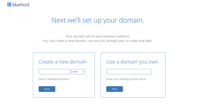 Bluehost Domain Choosing Page